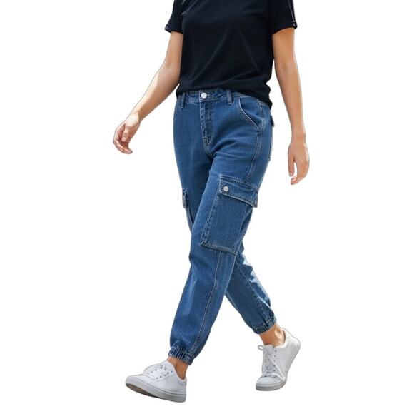 Pretty Little Thing Women's Jeans 4 Cargo Jogger High Rise Medium Wash Denim - Picture 1 of 9